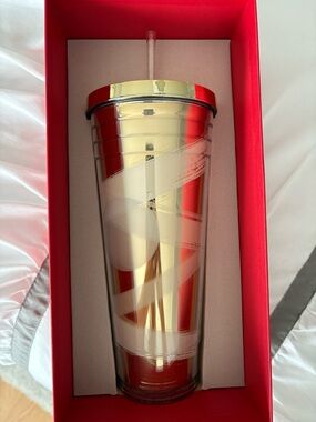 Starbucks Metallic Gold & Red Spiral Tumbler with Straw